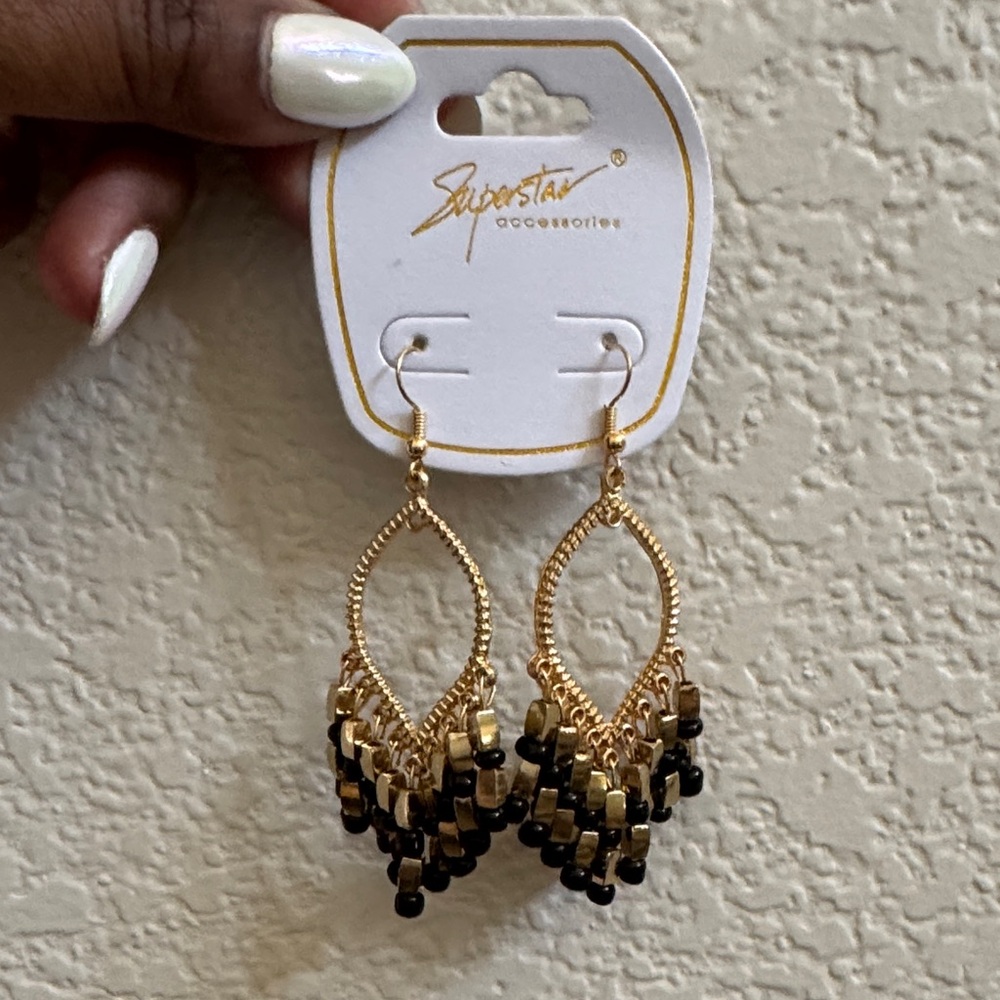 Gold and Black Beaded Earrings